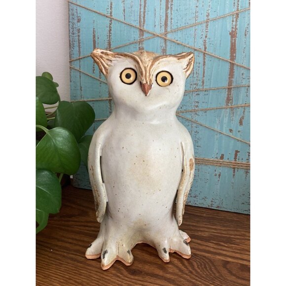 Hand made Signed Snowy Barn Owl Terra Cotta Garden Sculpture 9” Glass Eyes - Picture 2 of 12